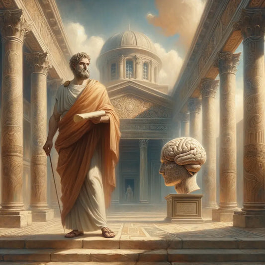 Epictetus standing in a classical Roman setting, holding a motivational scroll with a model of a brain beside him, symbolizing the bridge between ancient Stoic and modern psychological ideas, painted in the style of a 1960s historical epic.
