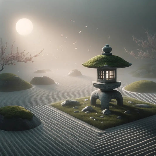 Ein minimalistischer japanischer Zen-Garten bei Morgendämmerung mit sanftem Nebel, einem moosbedeckten Steinlaternen, und zart fallenden Kirschblütenblättern — ruhig, besinnlich und traditionell inspiriert.