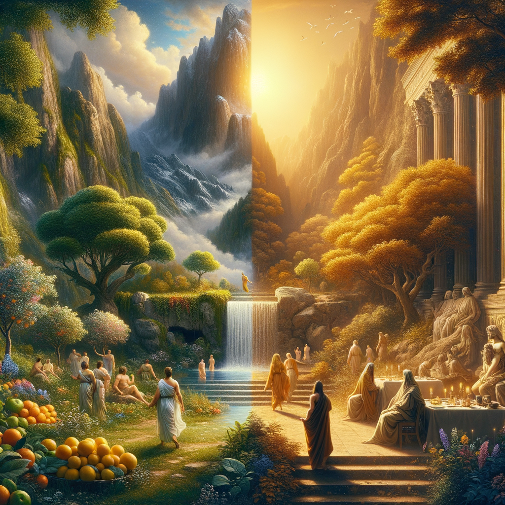 Illustration contrasting Epicureanism with serene gardens and Stoicism with steadfast mountains, styled like 1960s historical epic films.