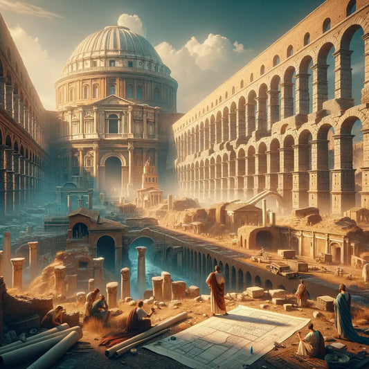 Panoramic view of ancient Roman ruins with prominent arches and aqueducts, and the Pantheon's dome in the background, in 1960s historical epic style.