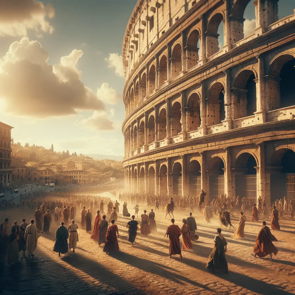 A cinematic painting of the Roman Colosseum in the center of ancient Rome, depicted in the style of 1960s historical films.