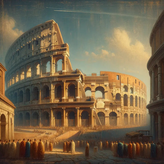 Panoramic painting of the Colosseum and Pantheon, showing Roman architecture in a 1960s epic film style.