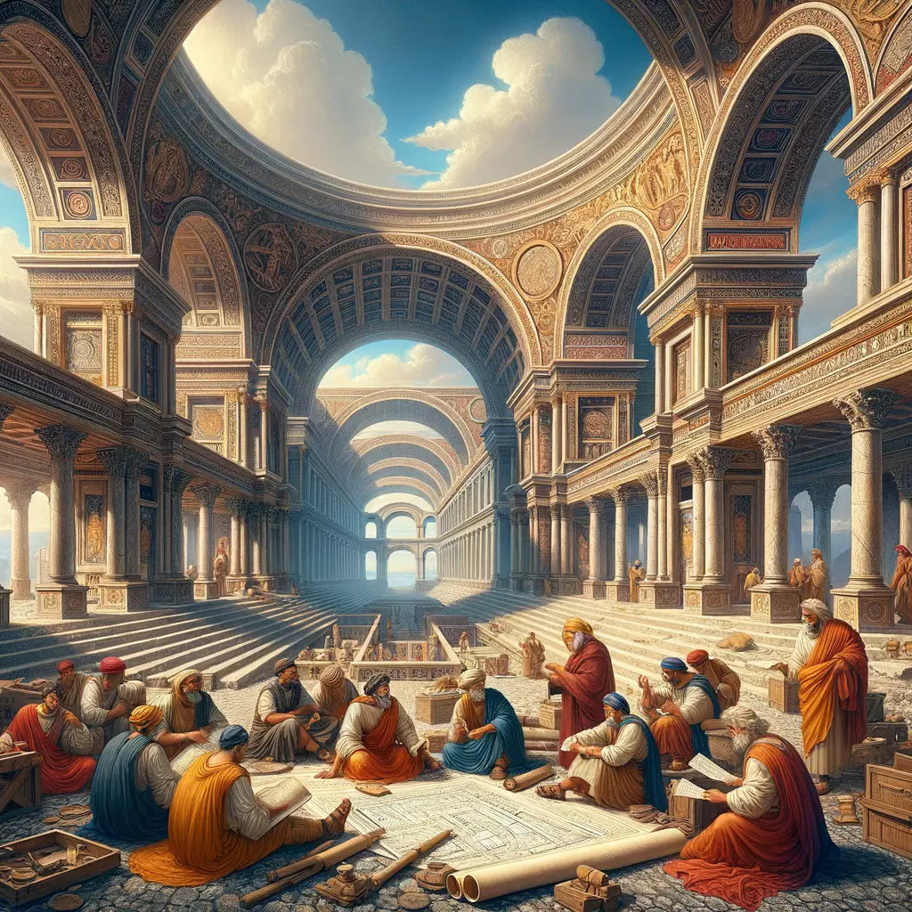 An illustration of ancient Roman arches and vaults, capturing the architectural innovation and grandeur, styled after 1960s historical epic films.