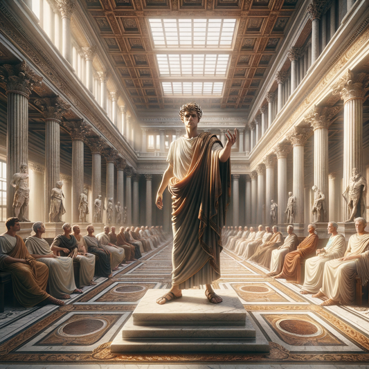 Julius Caesar stands authoritatively in a Roman Senate hall, surrounded by advisors, reflecting power and ambition in a classic 1960s historical film style.
