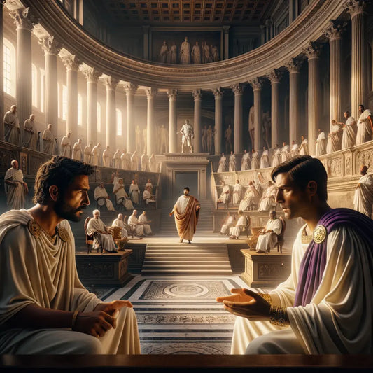 Roman consuls in a political assembly, with Julius Caesar as a strategic figure in the background, within a grand Roman Senate setting, inspired by 1960s historical films.