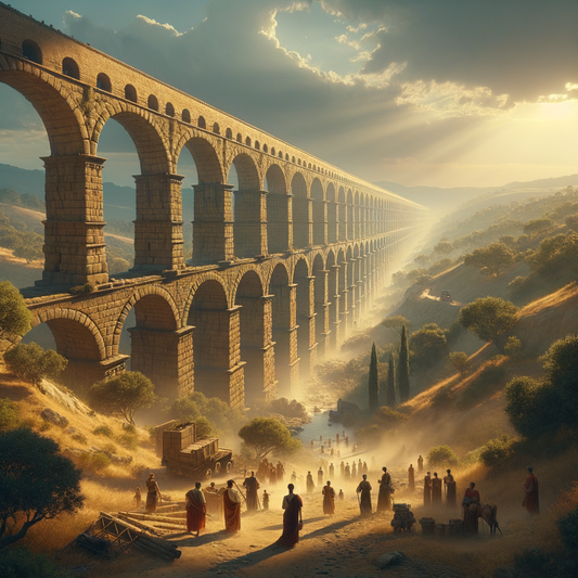 Ancient Roman aqueduct with grand arches spanning a scenic valley, surrounded by lush landscape, inspired by 1960s historical epic films.