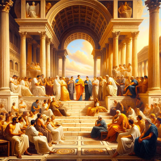 Ancient Roman forum with men and women philosophers engaging in dialogue, reflecting historical inclusion and discourse, styled like a 1960s historical film.