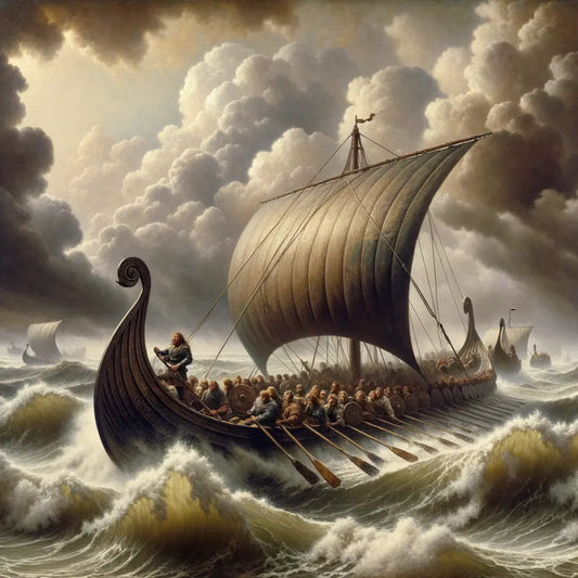 Viking longboat sailing through misty North Sea, cutting through waves under a cloudy sky, in a style evocative of 1960s historical films.