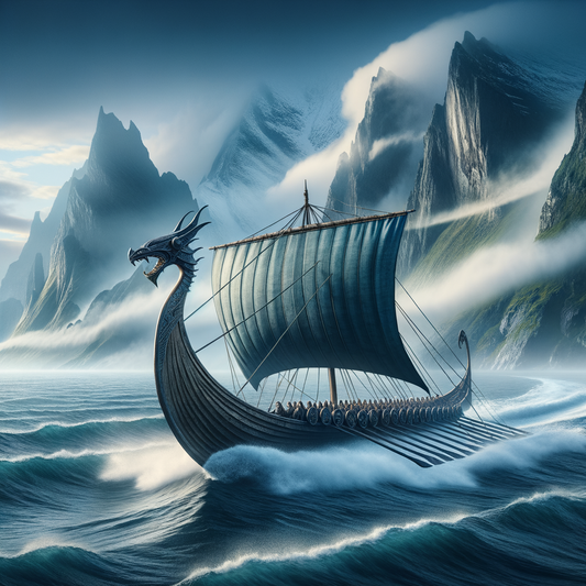 A Viking longship gracefully sailing past a mountainous Scandinavian coastline, capturing speed and agility in a classic historical film style.