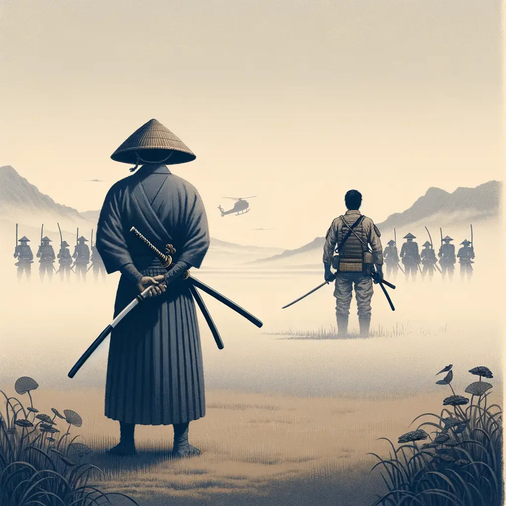 Ein minimalistisches Bild eines Samurai mit Katana und einem Soldaten mit Gewehr, das den kulturellen Übergang während der Meiji-Restauration symbolisiert.