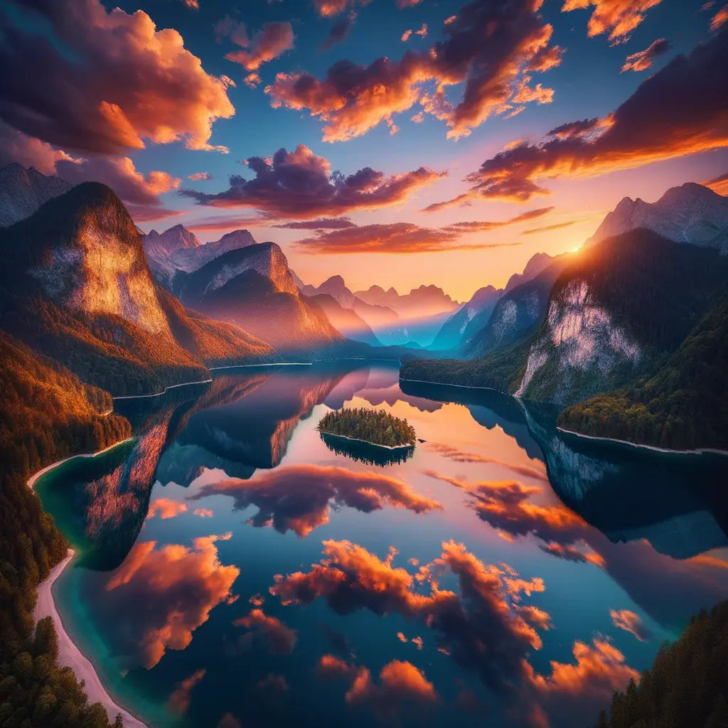 A beautiful sunset over a lake and mountains capturing the essence of tranquility.