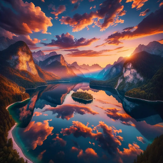 A beautiful sunset over a lake and mountains capturing the essence of tranquility.