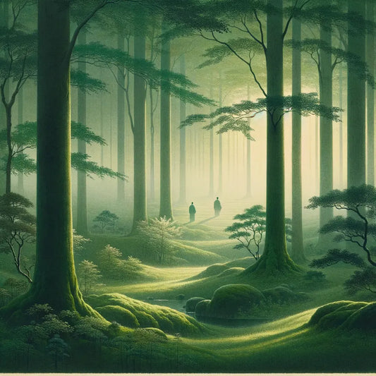 San und Ashitaka stehen getrennt im ruhigen Wald, umgeben von üppigem Grün, symbolisierend Harmonie trotz Distanz, mit einem Hauch traditioneller japanischer Ästhetik.