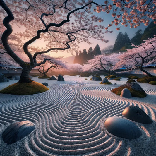A peaceful Zen garden at dawn with cherry blossoms and raked gravel.