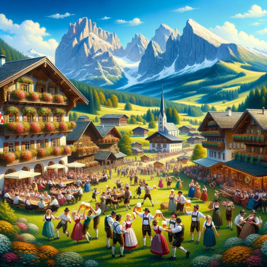 A Bavarian festival with people in lederhosen celebrating in an Alpine village, traditional houses, and the distant Alps, painted in a 1960s cinematic style.