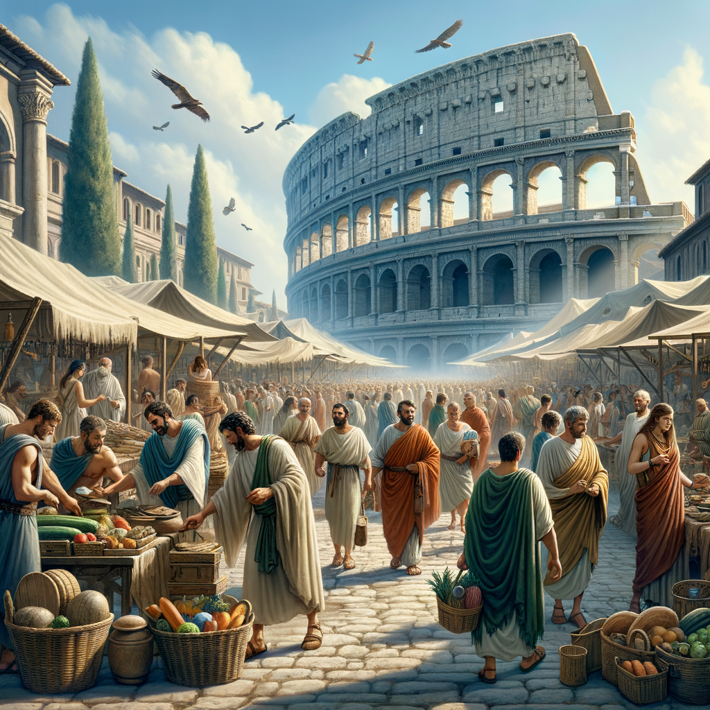 A lively scene of a Roman marketplace with the Colosseum in the background.