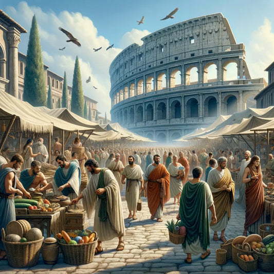 A lively scene of a Roman marketplace with the Colosseum in the background.
