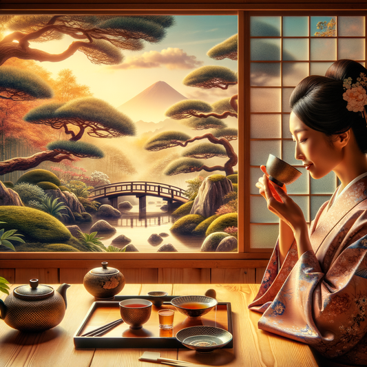 A traditional Japanese tea ceremony setup with a focus on the tea set and a beautiful garden.