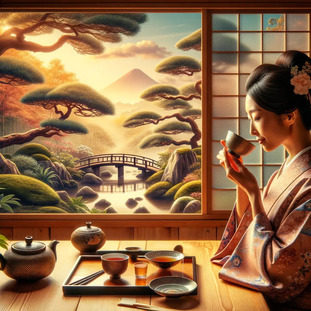 A traditional Japanese tea ceremony setup with a focus on the tea set and a beautiful garden.