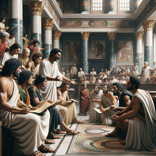 A lively representation of a Roman Senate session, highlighting the attire and expressions of the senators.