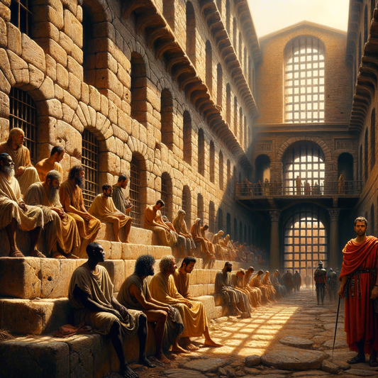 Mamertine Prison in ancient Rome with stone walls, dramatic shadows, and a Roman guard, evoking a timeless historical epic style.