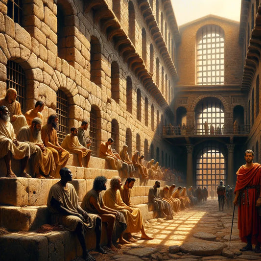Mamertine Prison in ancient Rome with stone walls, dramatic shadows, and a Roman guard, evoking a timeless historical epic style.
