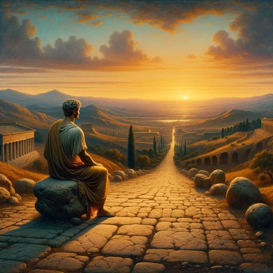 A lone figure in contemplative pose on an ancient Roman stone pathway at sunset, embodying Stoic peace, in a cinematic style.