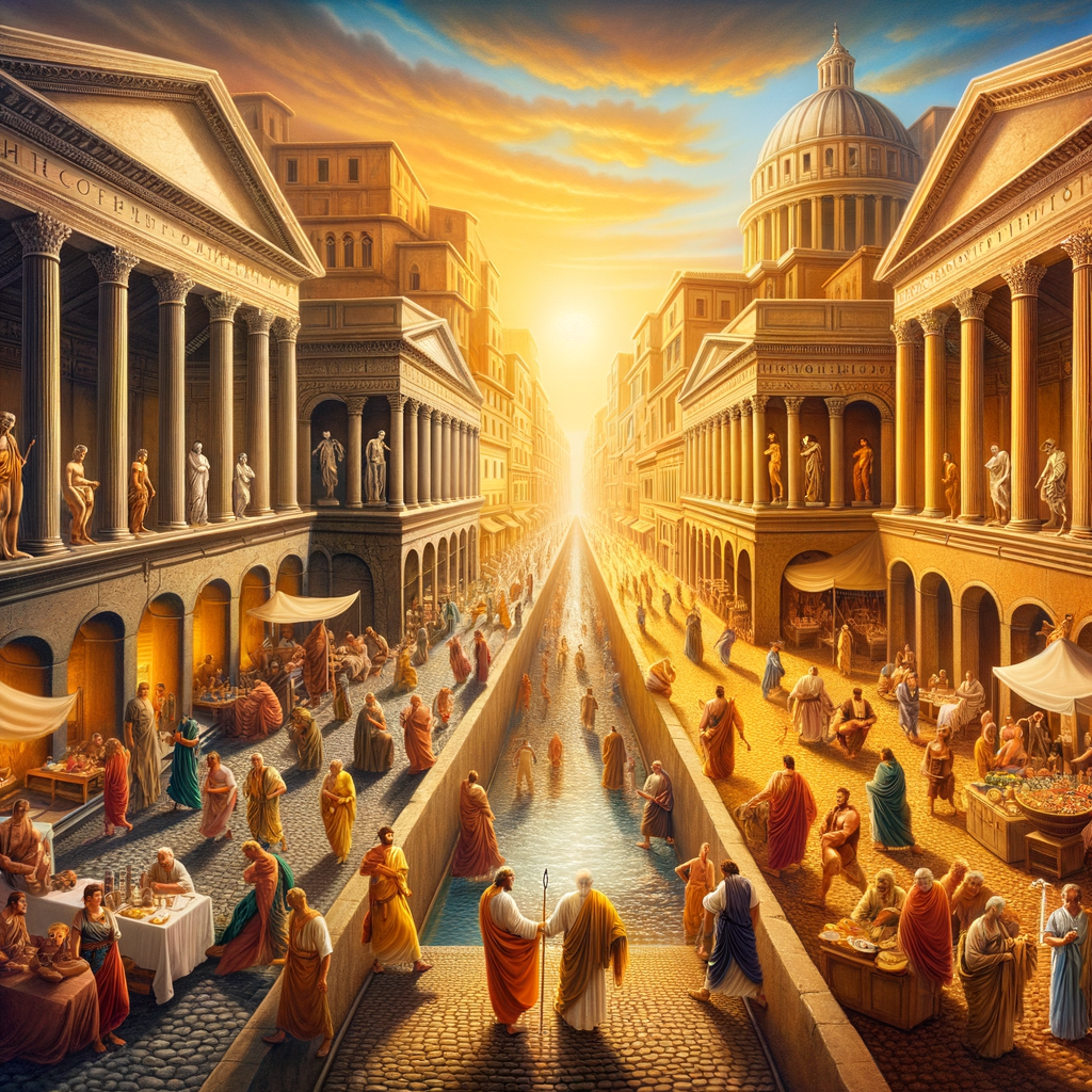A cinematic painting of an ancient Roman cityscape with two paths symbolizing Stoicism's serenity and Nietzsche's dynamic vibrancy, in the style of 1960s historical films.