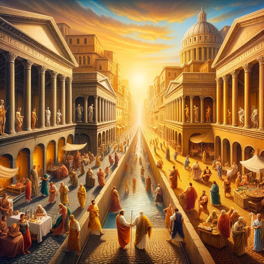 A cinematic painting of an ancient Roman cityscape with two paths symbolizing Stoicism's serenity and Nietzsche's dynamic vibrancy, in the style of 1960s historical films.