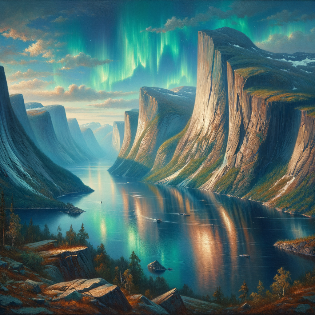 Panoramic view of a Norwegian fjord with steep cliffs, calm blue waters, and northern lights overhead, in the style of a 1960s epic film painting.