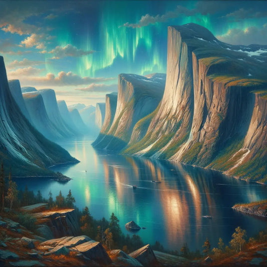 Panoramic view of a Norwegian fjord with steep cliffs, calm blue waters, and northern lights overhead, in the style of a 1960s epic film painting.