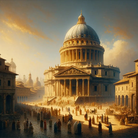 A majestic Roman dome with intricate detailing, set in an ancient Roman cityscape bathed in warm sunlight, inspired by classic 1960s historical epics.