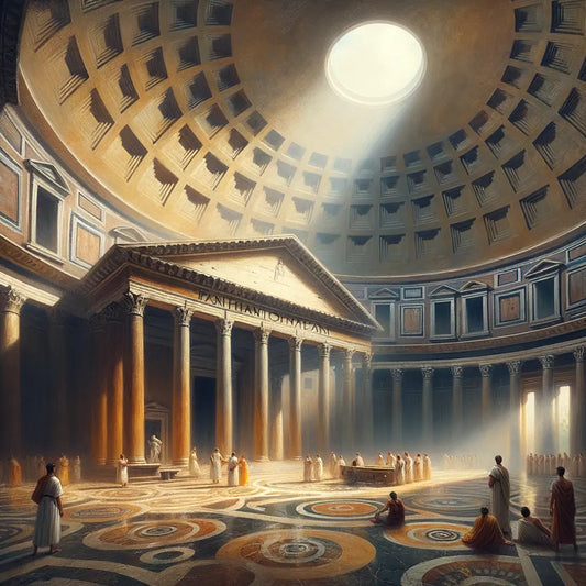 The Pantheon dome with its oculus casting light onto marble floors, surrounded by awestruck Roman citizens, in a style inspired by classic 1960s historical films.