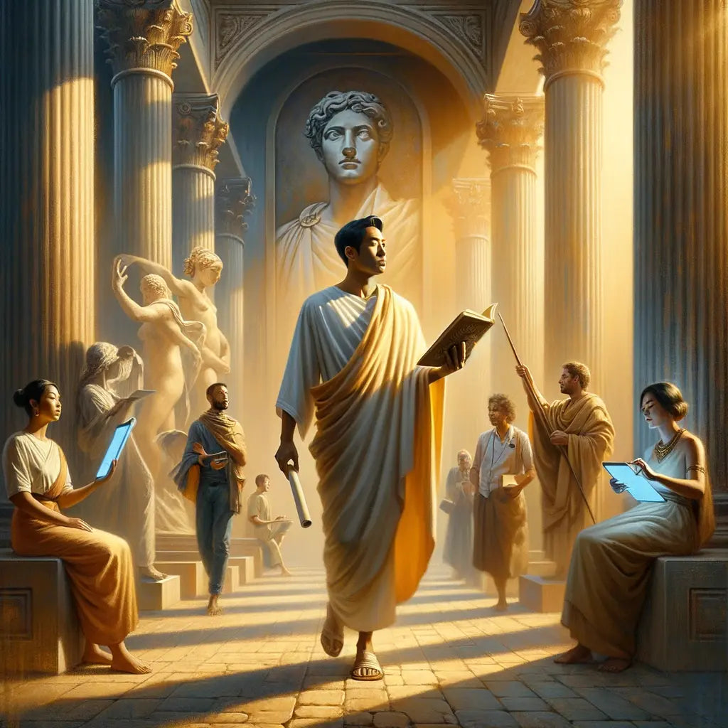 A modern individual combining Stoic philosophy with emotional intelligence, standing in a blend of ancient and contemporary attire in a Roman-like forum, symbolizing harmony between eras.