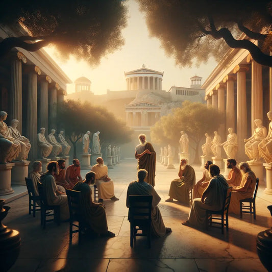 Greek philosophers in togas engaged in thoughtful debate in an Athenian garden during dawn, inspired by classic historical films of the 1960s.