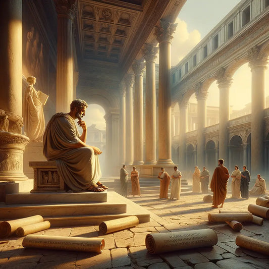 Marcus Aurelius meditating with Stoic scrolls in a Roman forum, surrounded by philosophers, evoking a 1960s epic film aesthetic.