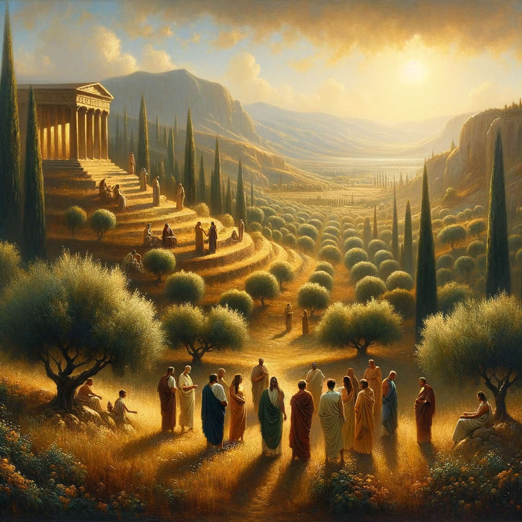 Ancient Greek philosophers in a reflective discussion in a sunlit landscape with olive groves and distant mountains, symbolizing enduring Stoic wisdom in relationships.