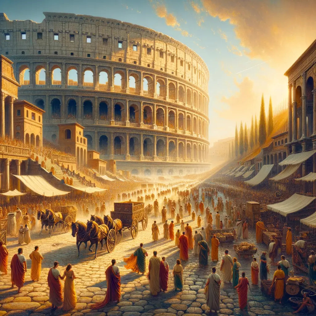 Bustling ancient Roman street scene with people in traditional attire, chariots racing, and the Circus Maximus in the background under bright sunlight in a 1960s historical epic style.