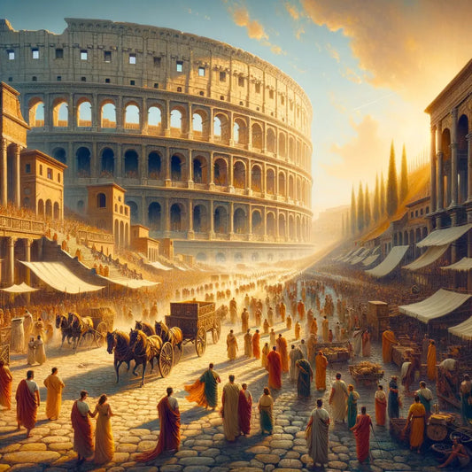 Bustling ancient Roman street scene with people in traditional attire, chariots racing, and the Circus Maximus in the background under bright sunlight in a 1960s historical epic style.