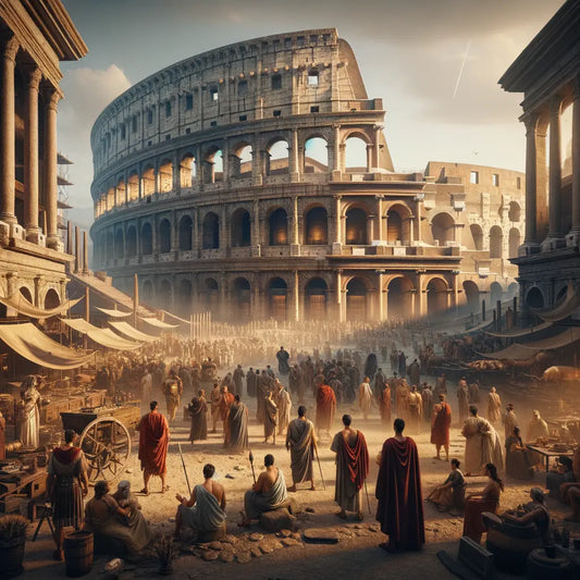 A historical epic-style painting of the Colosseum in ancient Rome, with citizens in togas and soldiers, capturing the grandeur of its architecture.