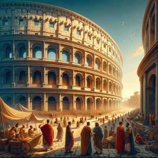 Panoramic view of the Roman Colosseum with its grand elliptical design and arches, set against a clear blue sky, reminiscent of 1960s historical film style.