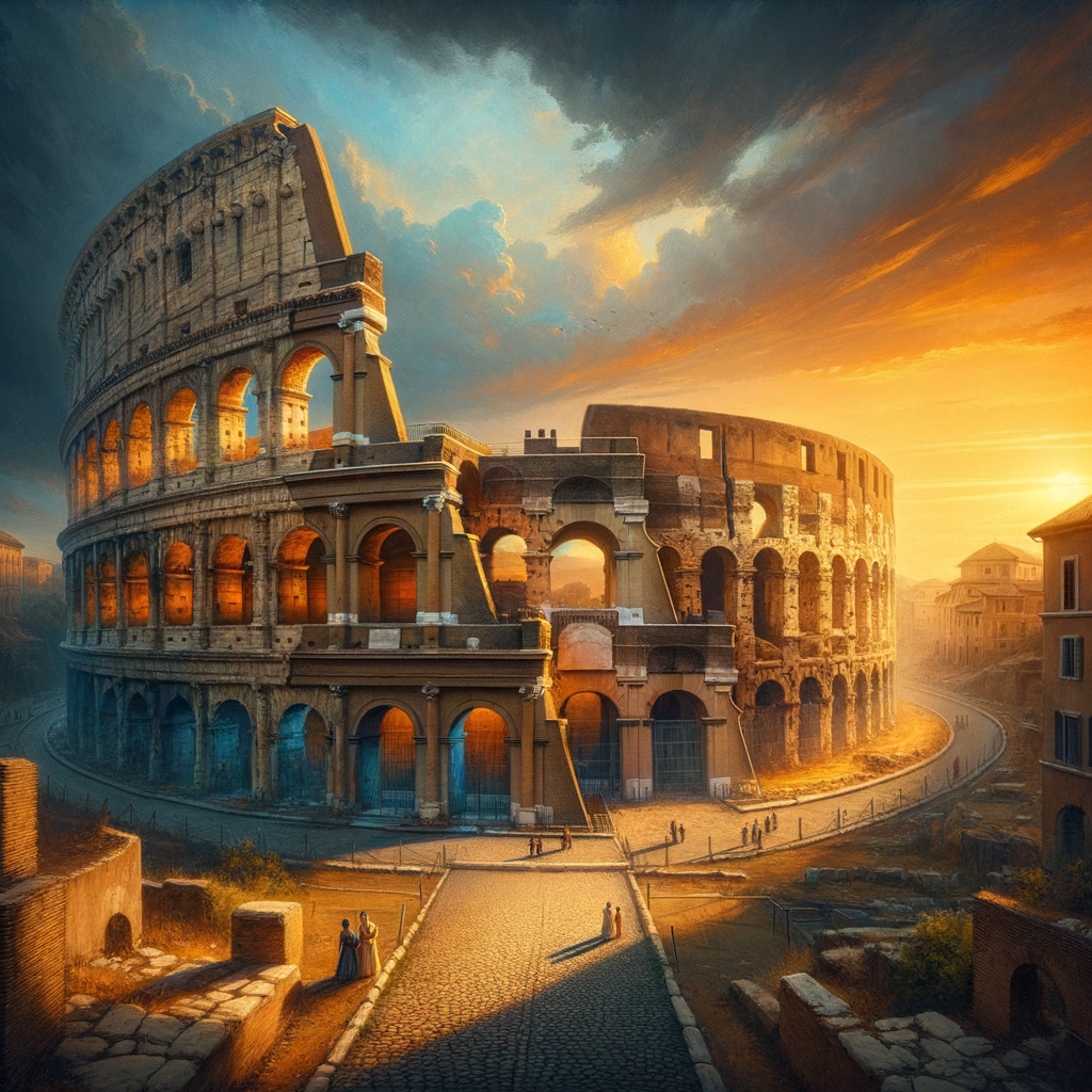 The Roman Colosseum at sunset, partially ruined and glowing in the warm hues of an evening sky, capturing the history and endurance of ancient Rome in a style reminiscent of 1960s historical films.
