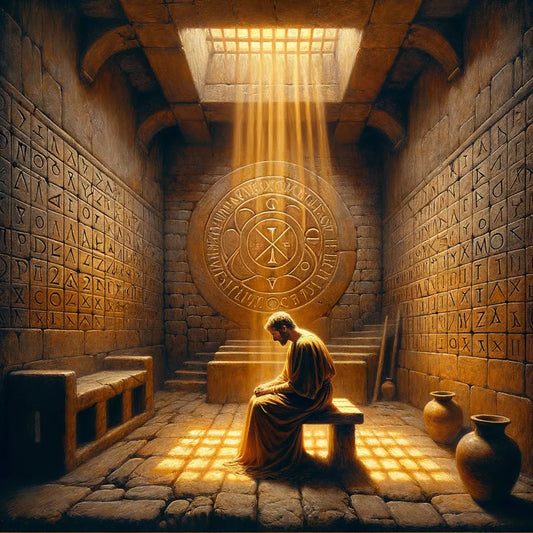 Interior of an ancient Roman prison cell at Mamertine Prison with Christian symbols and atmospheric lighting typical of 1960s historical epics.