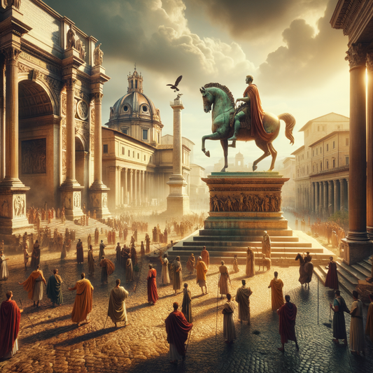 Bronze equestrian statue of Marcus Aurelius in a Roman piazza, surrounded by ancient architecture, inspired by classic 1960s historical films.