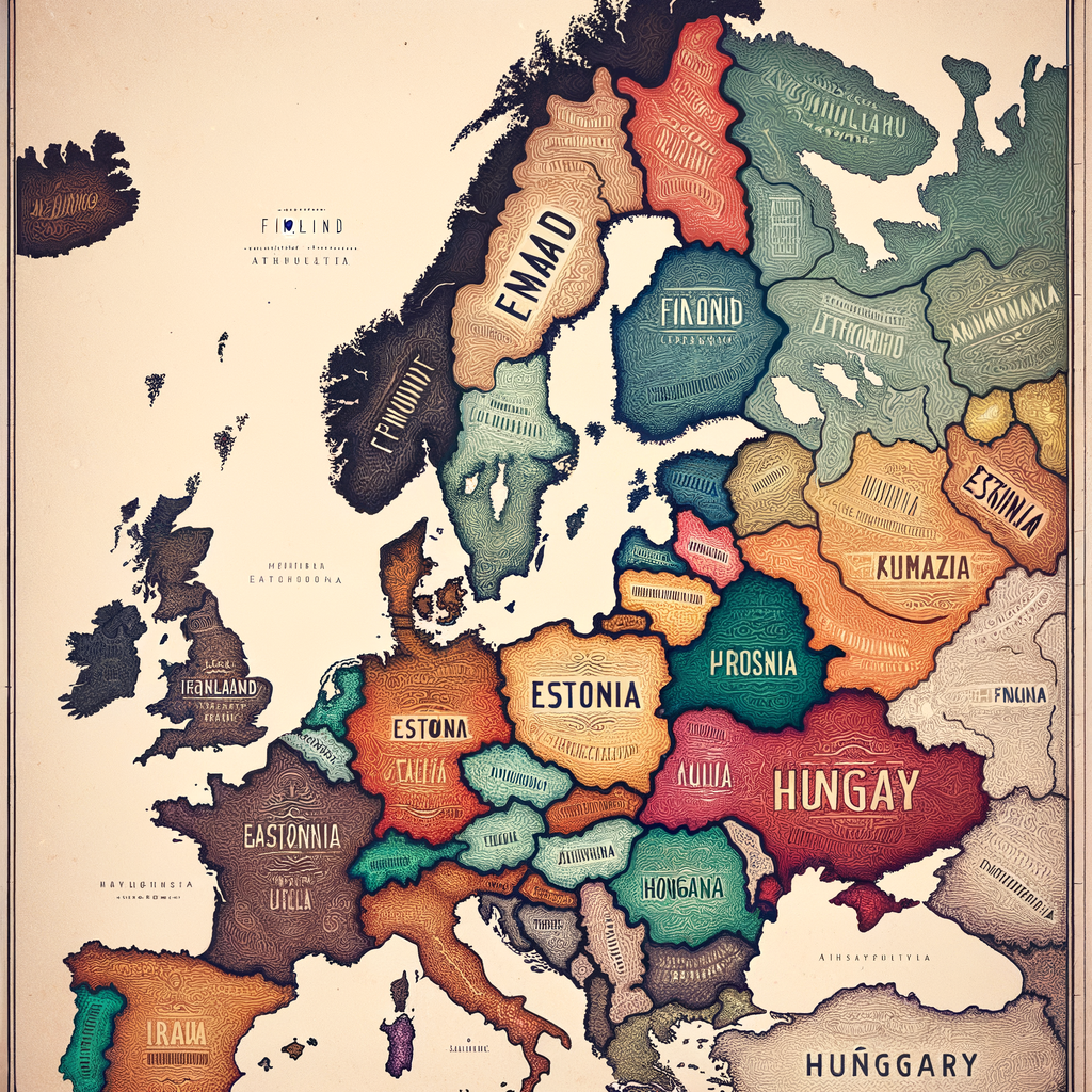 Map showing linguistic connections and ethnic divergences between Finland, Estonia, and Hungary with distinct color shading.