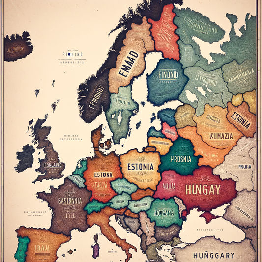Map showing linguistic connections and ethnic divergences between Finland, Estonia, and Hungary with distinct color shading.