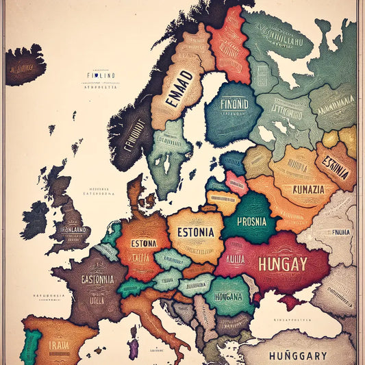 Map showing linguistic connections and ethnic divergences between Finland, Estonia, and Hungary with distinct color shading.