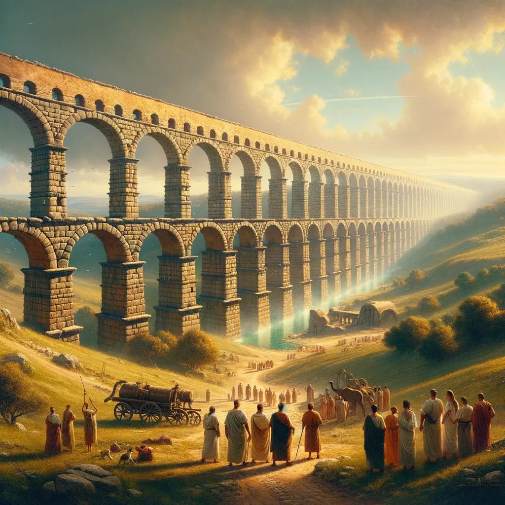 Roman aqueduct arches extending over green hills, showcasing ancient engineering brilliance in a 1960s film style painting.