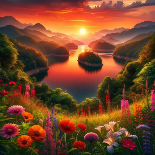 A beautiful sunset casting warm hues over a calm lake, framed by mountains and colorful flowers.