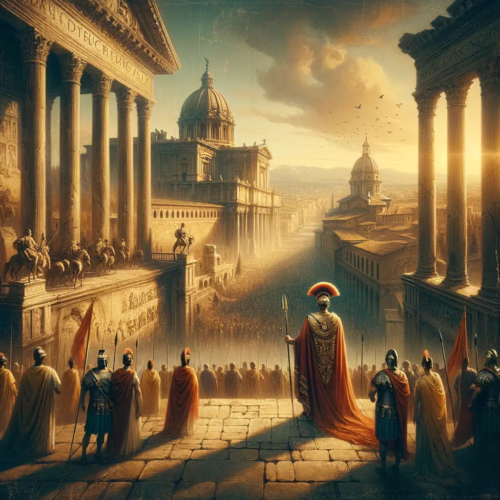 Augustus stands dominantly amid ancient Rome's architectural grandeur, surrounded by soldiers and citizens, in a style inspired by classic 1960s epic films.